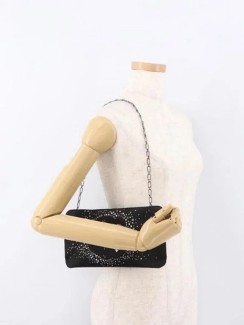 CHANEL Camelia Chain Shoulder Bag Satin Black Silver CC Auth 184869SM